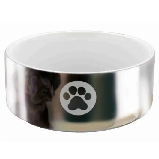 Keramiknapf für Hunde und Katzen, außen verkromt mit Pfoten-Emblem