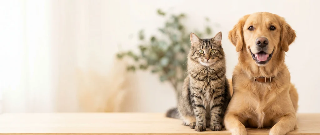 Glücklicher Golden Retriever und Tabby-Katze sitzen zusammen – Tierbedarf für Hunde und Katzen bei KisKisDoggy